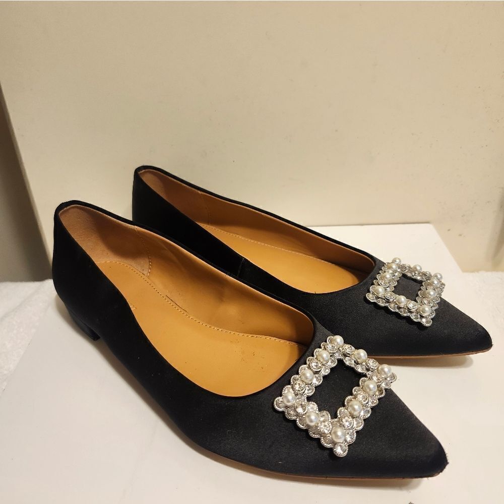 J. Crew Black Satin Pointy Toe Ballet Flats w/Crystal Buckle Detail Sz.6.5 $148